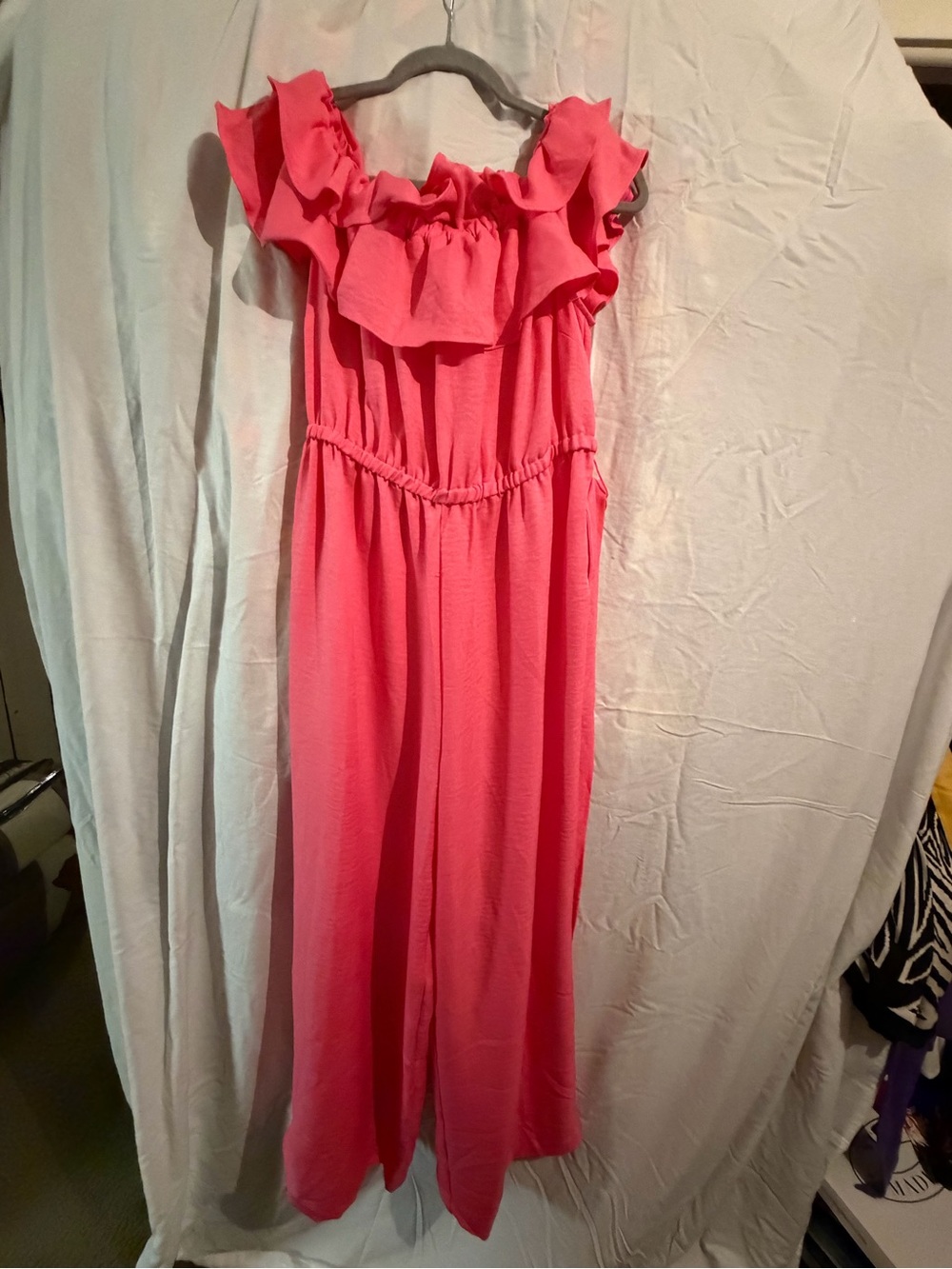 Girls Pink Ruffle-Shoulder One-Piece Jumpsuit